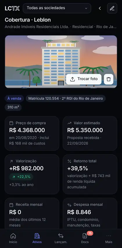 Detalhe de um ativo no celular, com foto e indicadores