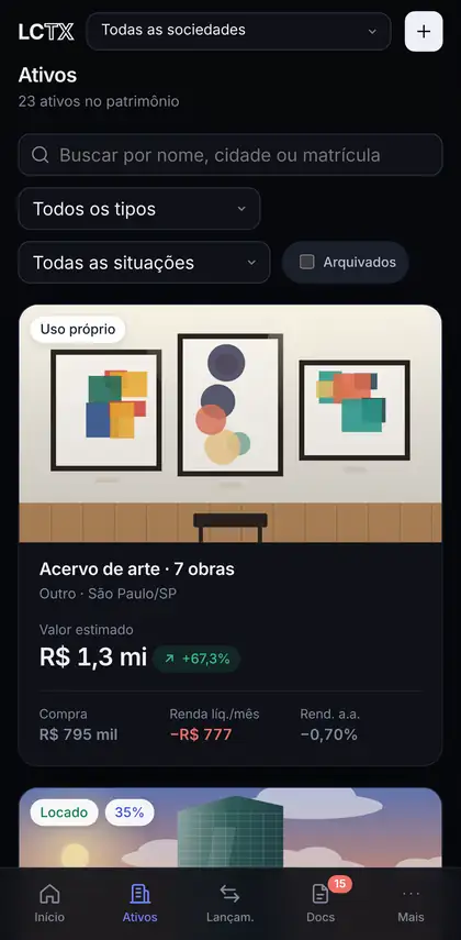Lista de ativos no celular, com foto de cada imóvel