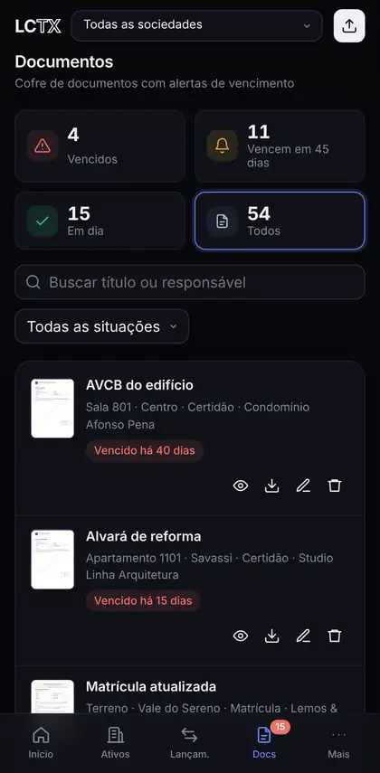 Cofre de documentos no celular com contadores de vencidos e a vencer