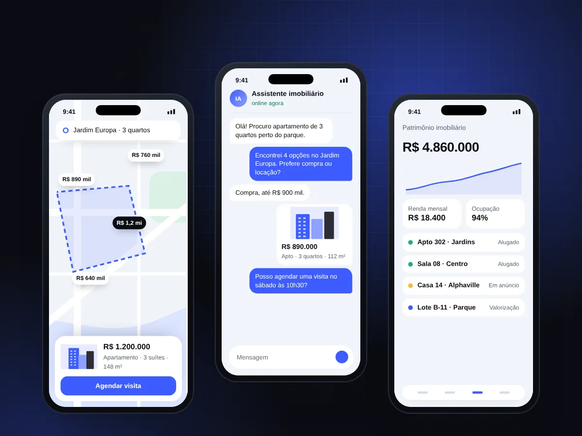 Ilustração de aplicativos imobiliários: busca por mapa, atendimento com IA e carteira do investidor