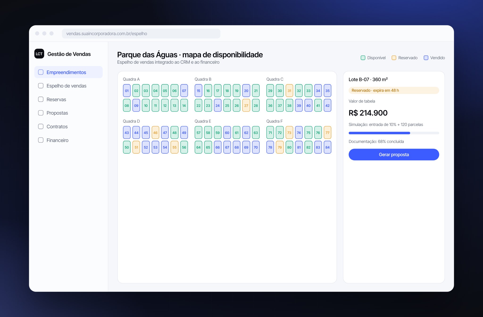 Interface do projeto Plataforma de Gestão de Empreendimentos