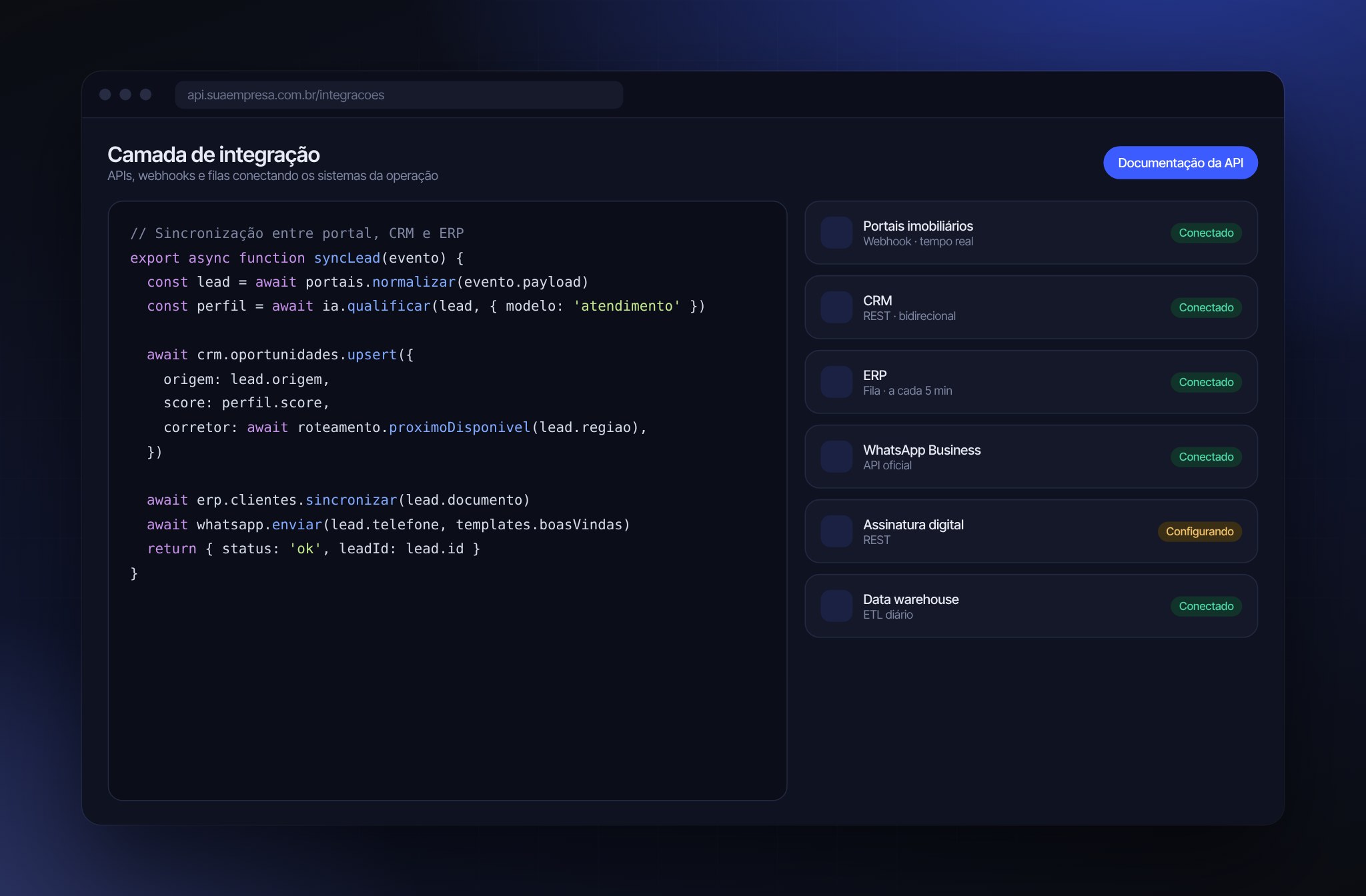 Interface do projeto Hub de Integrações e APIs